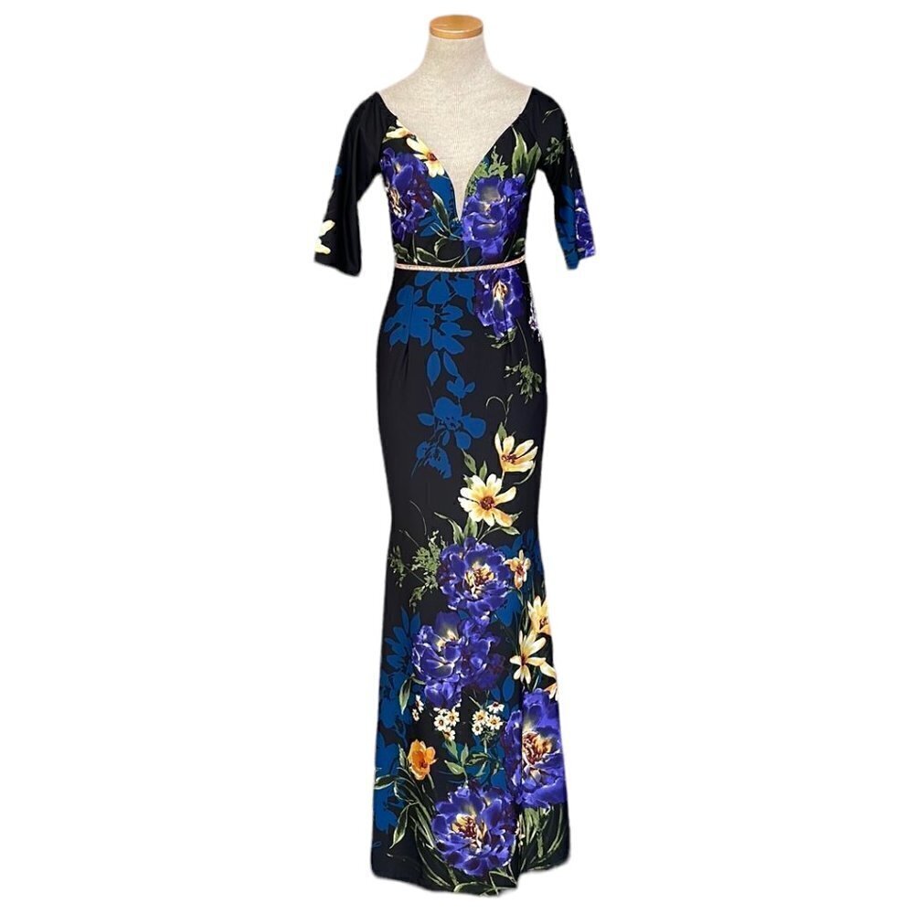 Soiéblu NWT Mermaid Gown V Neck Short Sleeve Dress Black Violet Size Small S